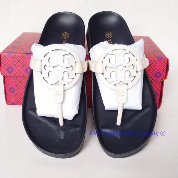 NIB Tory Burch Miller Cloud Leather Thong Sandal Cream Navy US 9 100% AUTHENTIC